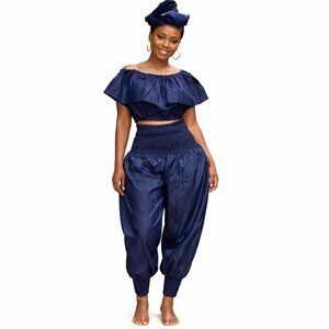 Women’s Navy Blue 2-Piece Set Off Shoulder Crop Top & Harem Pant One Size Cotton